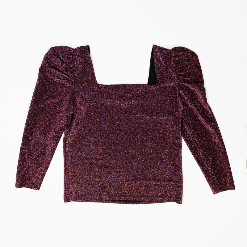 Eloquii Purple Metallic Sparkle Puff Long Sleeve Stretch Scoop Neck Blouse Shirt