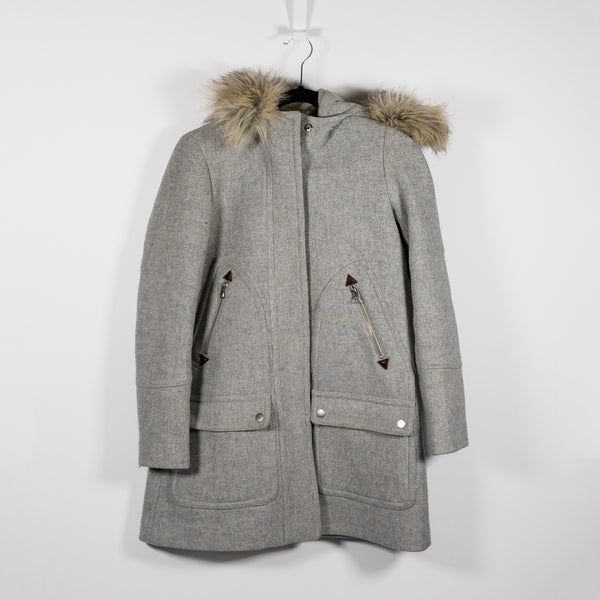 J. Crew Women's Chateau Stadium Cloth Wool Felt Faux Vegan Fur Hood Jacket Coat