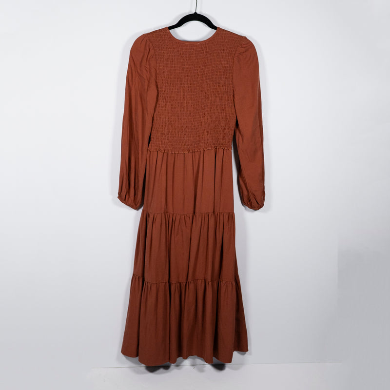 Bohme Smocked Bodice Stretch Pullover V Neck Tiered Midi Dress XS