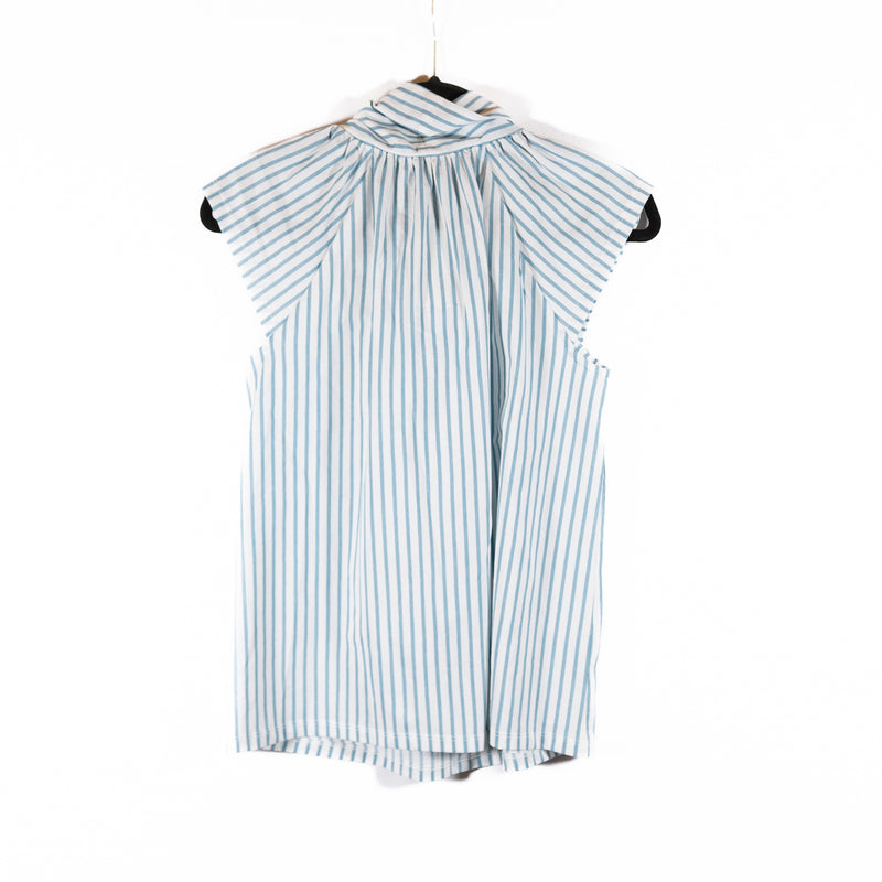 NEW Ann Taylor Cotton Blend Blue White Stripe Sleeveless Tie Neck Blouse Shirt