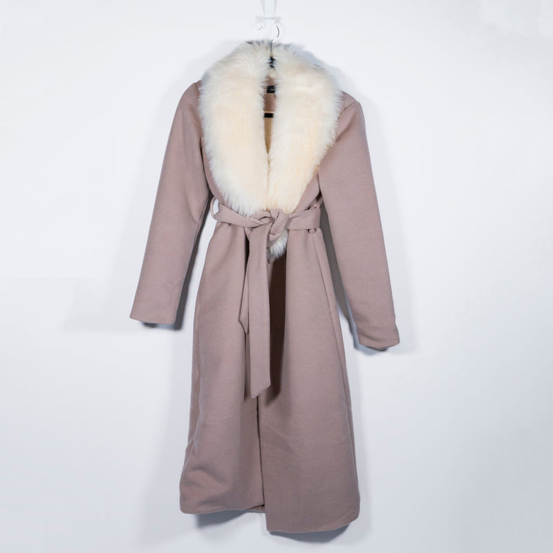 Majorelle Milford Wool Blend Faux Fur Trim Belted Pea Coat Jacket Tan Almond XXS