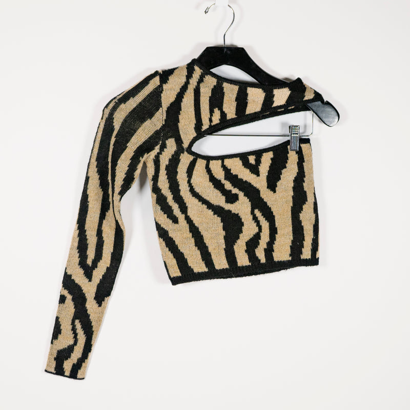 NBD Olivia Wool Blend Cut Out One Shoulder Zebra Animal Print Pattern Sweater