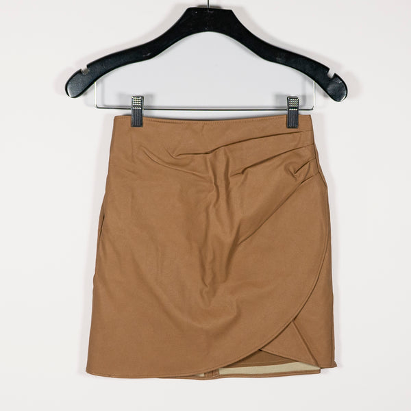 Abercrombie &amp; Fitch Faux Vegan Leather Ruched Tulip Wrap Mini Skirt Brown XXS