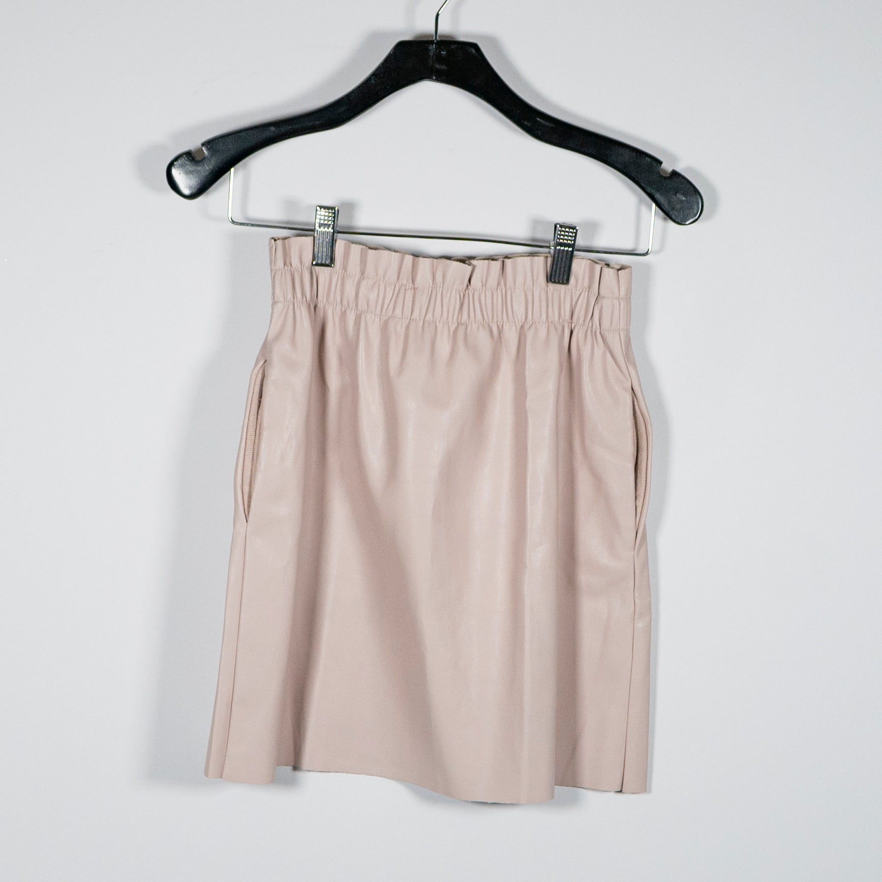 Zara Faux Vegan Leather Paper Bag Stretch Waist Mini Skirt Neutral Small