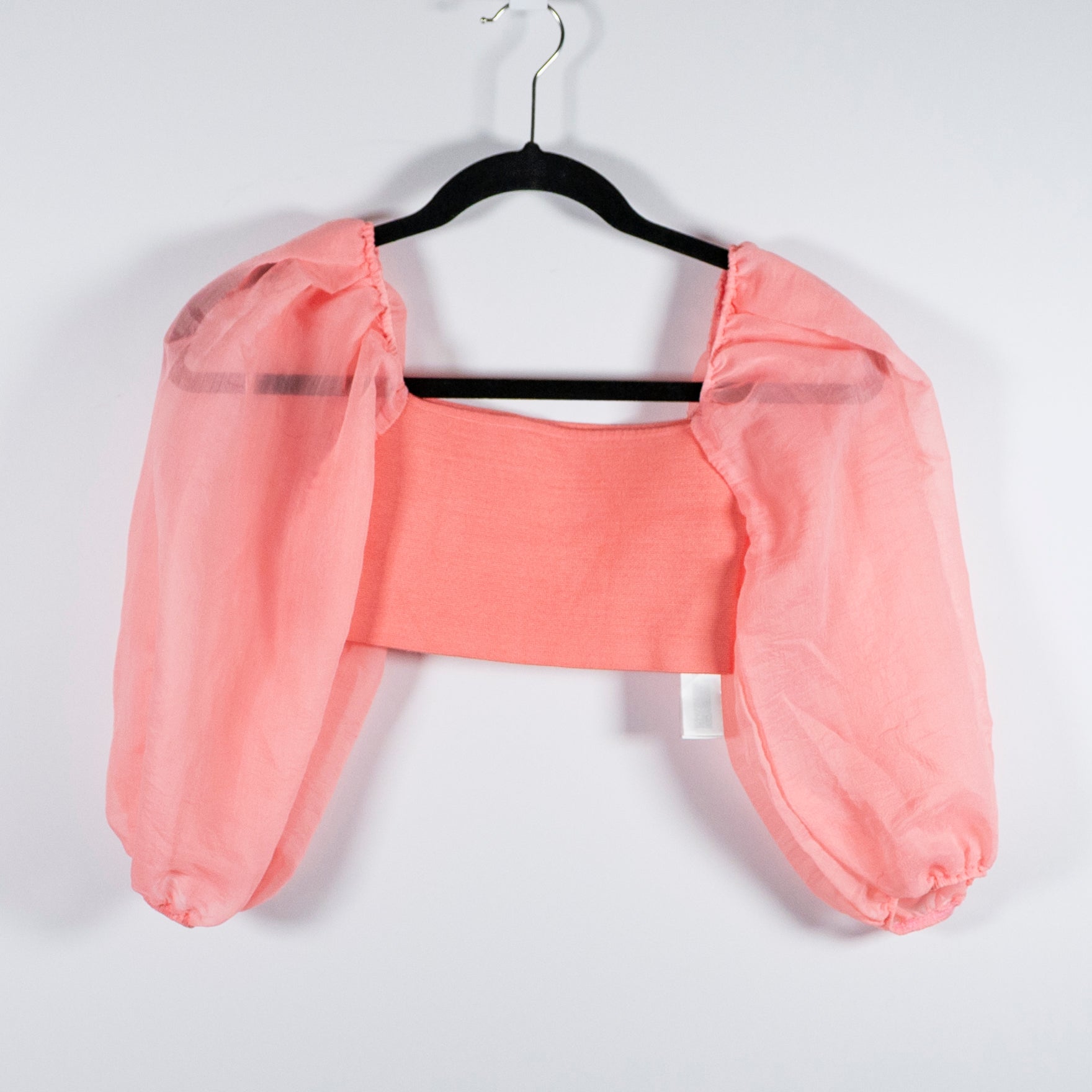 Zara Square Neck Semi Sheer Mesh Puff Long Sleeve Crop Top Sweater Pink Small