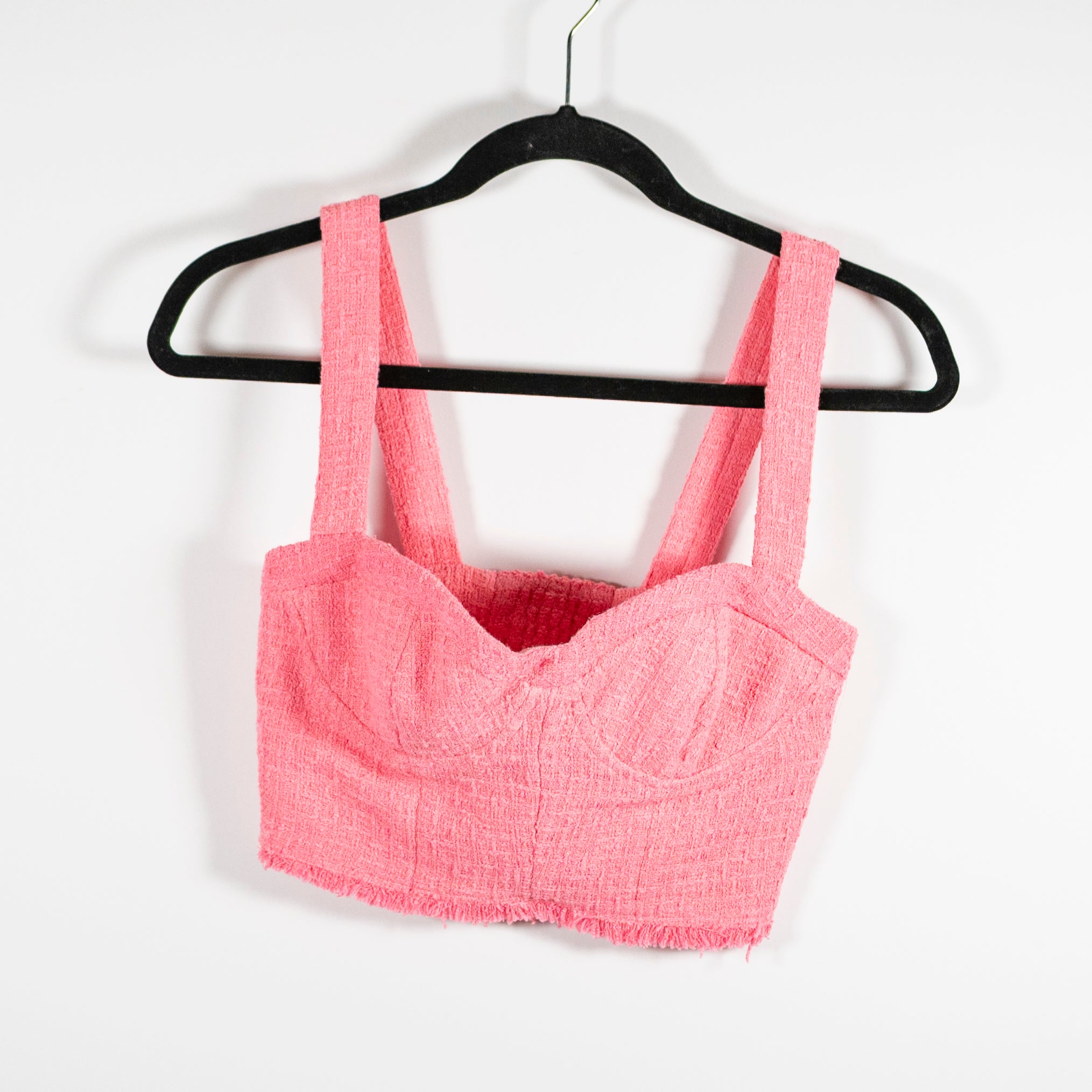 Zara Boucle Tweed Knit Textured Bustier Cropped Tank Top Solid Pink XS