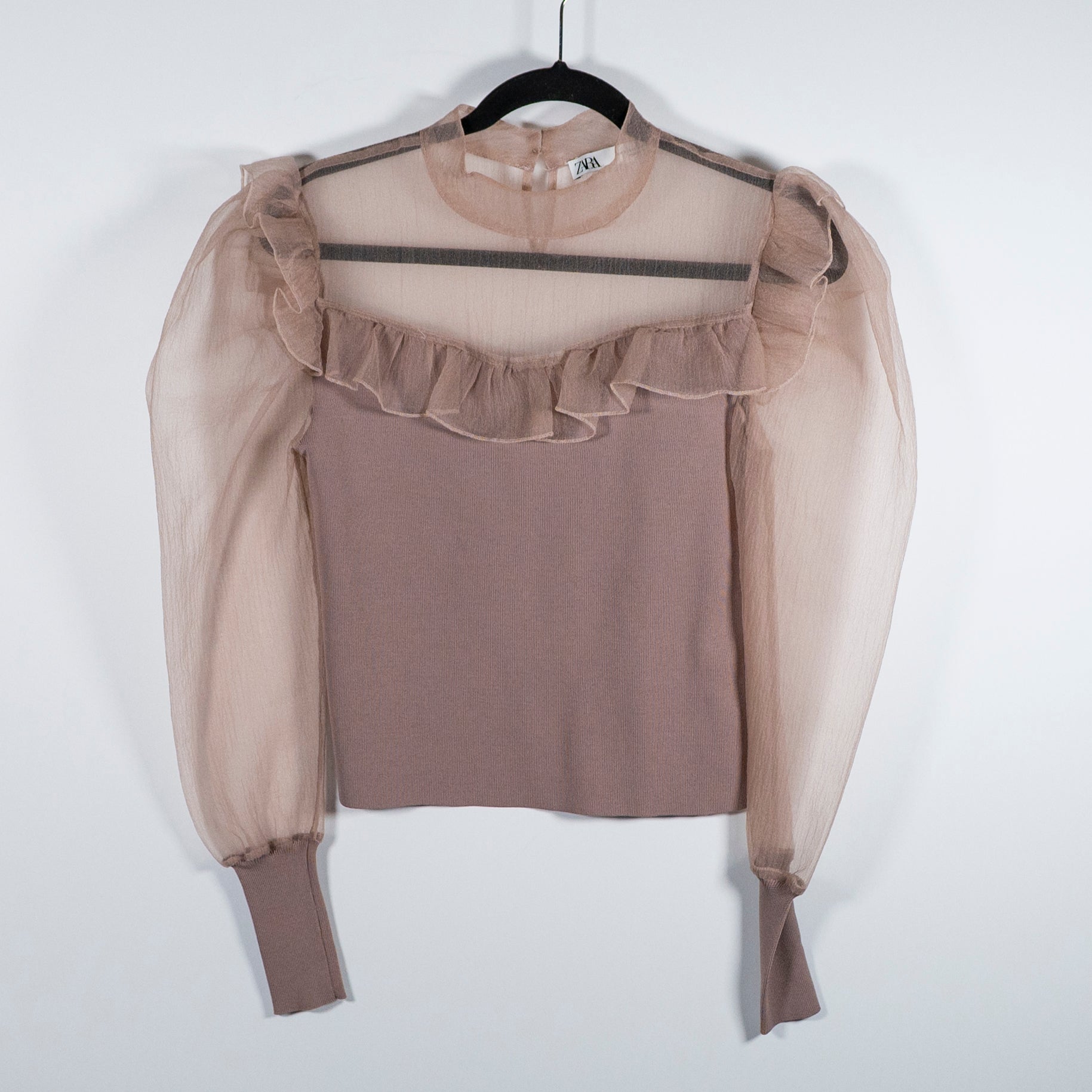 Zara Sheer Chiffon Tulle Mesh Ruffle Mock Collar Long Sleeve Sweater Blouse S