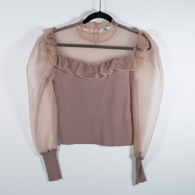 Zara Sheer Chiffon Tulle Mesh Ruffle Mock Collar Long Sleeve Sweater Blouse S