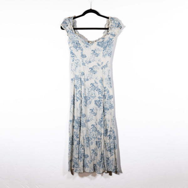 Reformation Connell Smocked Back Ruffle Hem Blue White Floral Midi Slip Dress 2