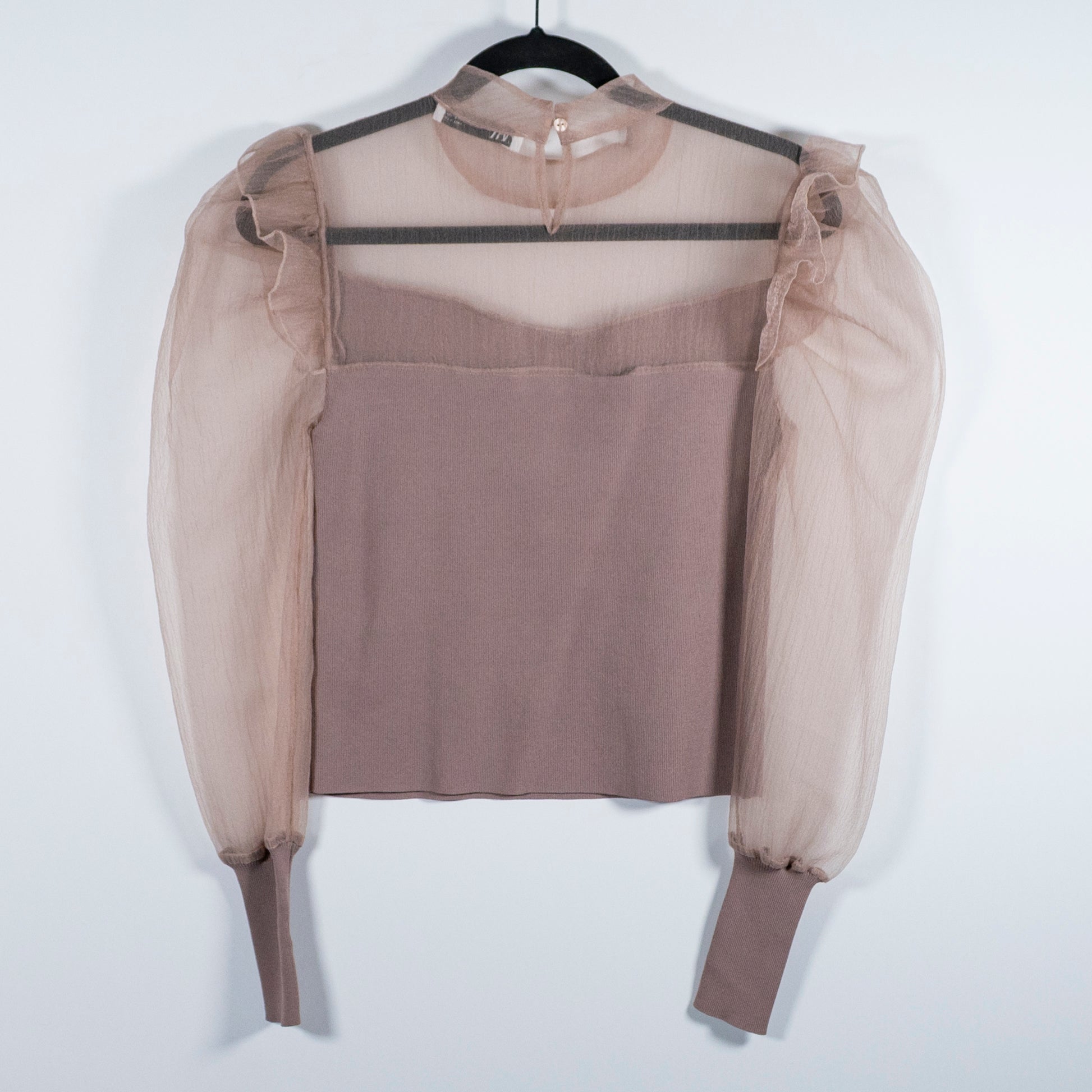 Zara Sheer Chiffon Tulle Mesh Ruffle Mock Collar Long Sleeve Sweater Blouse S