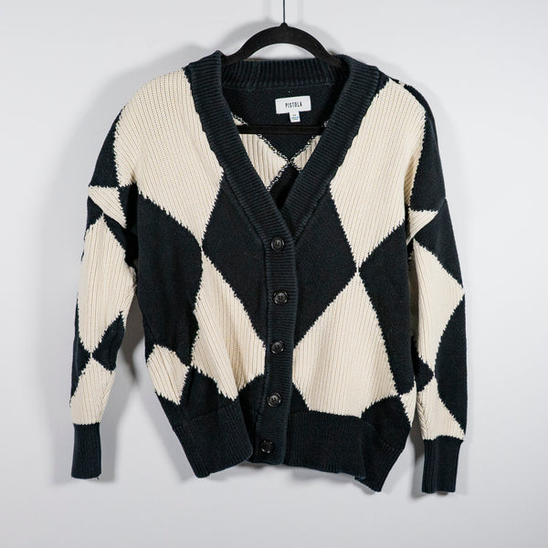 Pistola Evelyn Cotton Knit Button Cardigan Sweater Diamond Play Black White XS