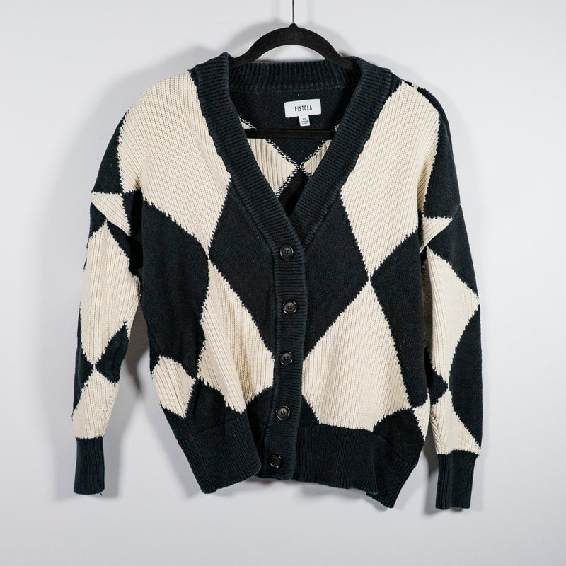 Pistola Evelyn Cotton Knit Button Cardigan Sweater Diamond Play Black White XS