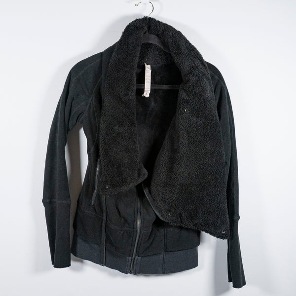 Lululemon Women's Off The Mat Fuzzy Cozy Full Zip Spread Collar Jacket Black 2