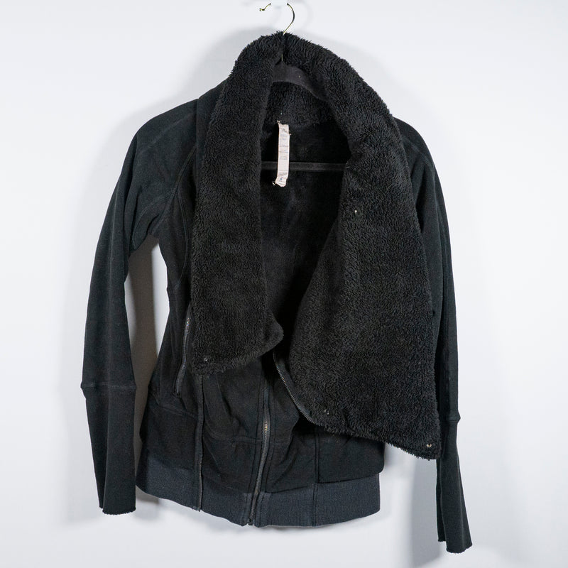 Lululemon Women's Off The Mat Fuzzy Cozy Full Zip Spread Collar Jacket Black 2