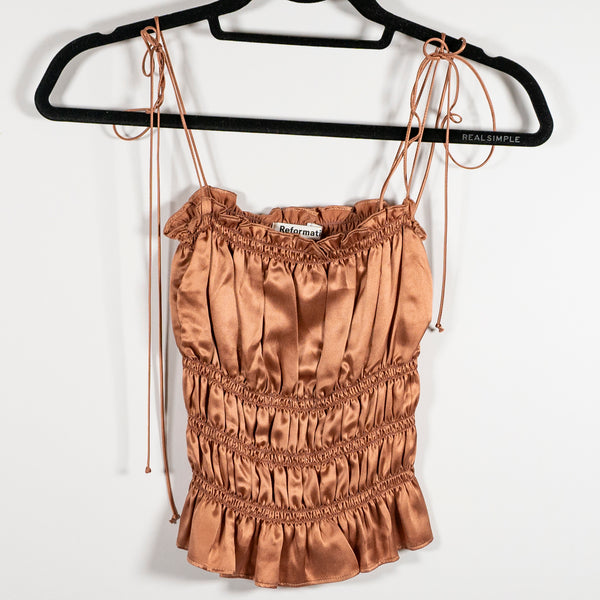 Reformation Viviana&nbsp; Ruched Cinched Silk Satin Tie Shoulder Tank Top Copper XS