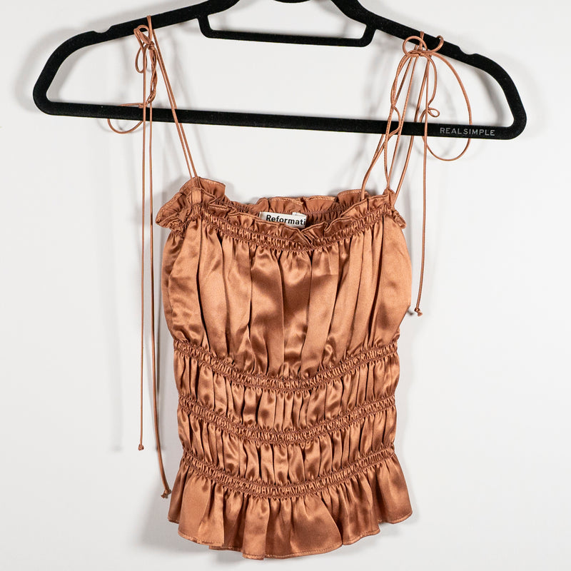 Reformation Viviana&nbsp; Ruched Cinched Silk Satin Tie Shoulder Tank Top Copper XS