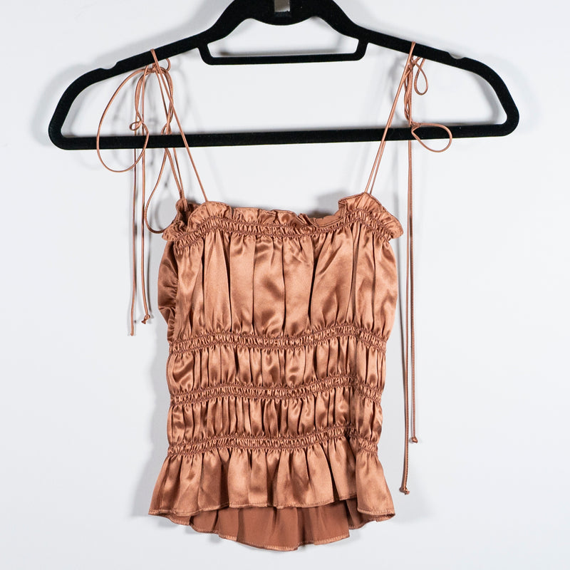 Reformation Viviana&nbsp; Ruched Cinched Silk Satin Tie Shoulder Tank Top Copper XS