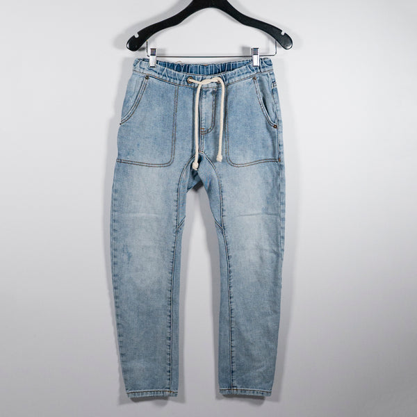 One Teaspoon Shabbies Drawstring Boyfriend Cotton Straight Leg Jeans Blue XXS