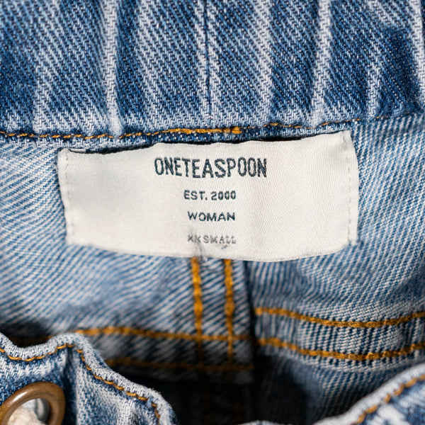 One Teaspoon Shabbies Drawstring Boyfriend Cotton Straight Leg Jeans Blue XXS