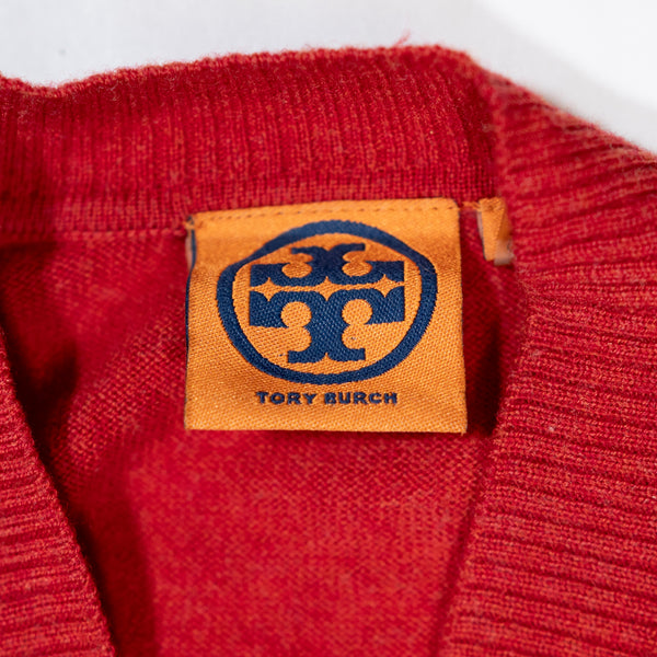 Tory Burch Wool Cashmere Knit Logo Button Embroidered Cardigan Sweater Rust S