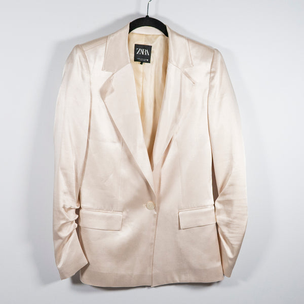 Zara Women's One Button Collared Satin Structured Blazer Jacket Champagne Ivory