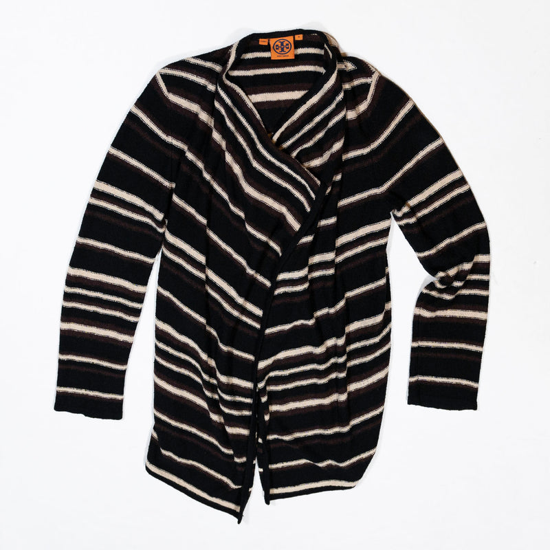 Tory Burch Linen Cotton Blend Knit Open Front Striped Print Cardigan Sweater M