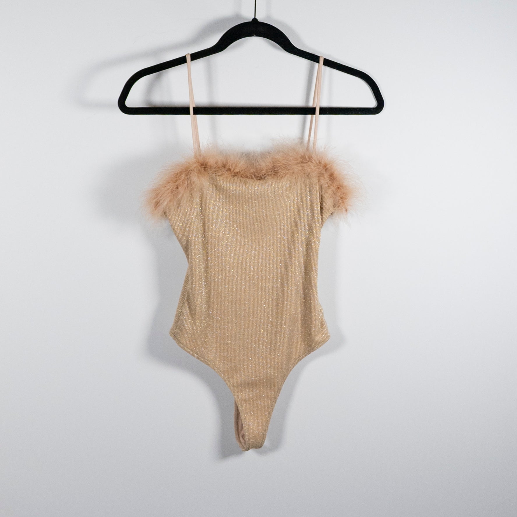 Lovers + Friends Lana Metallic Nude Shimmer Sparkle Ribbed Feather Trim Bodysuit