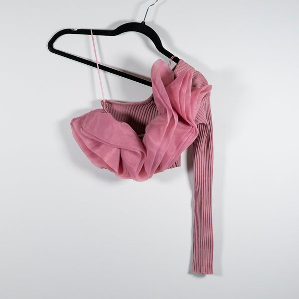Zara Ribbed Knit Stretch Tulle Ruffle Mesh One Shoulder Sleeve Crop Top Mauve S