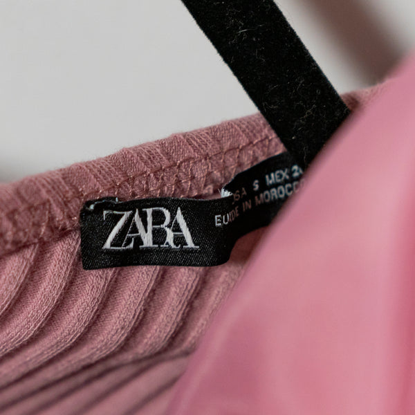 Zara Ribbed Knit Stretch Tulle Ruffle Mesh One Shoulder Sleeve Crop Top Mauve S