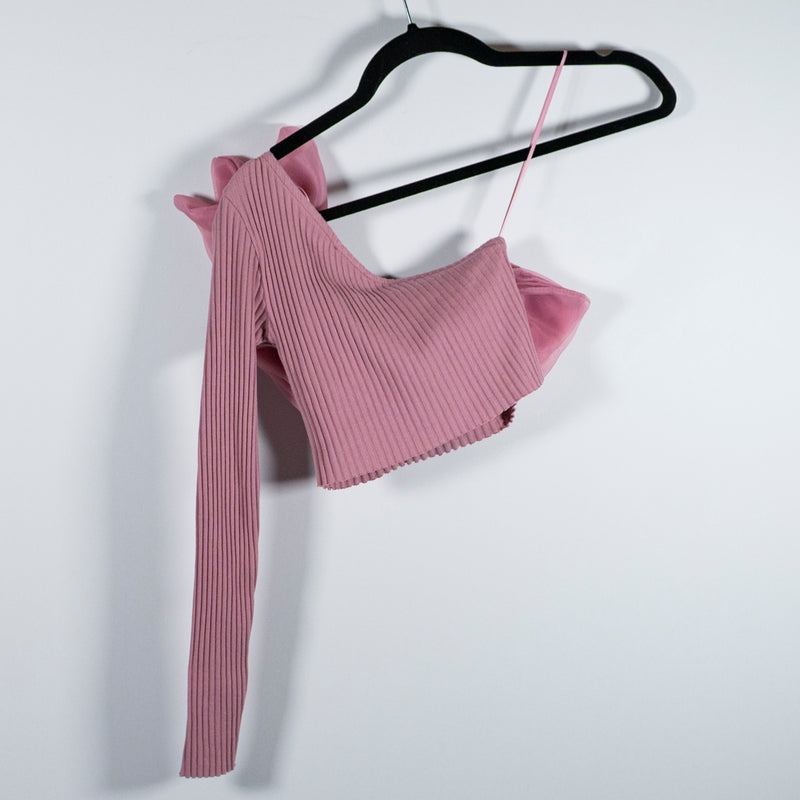 Zara Ribbed Knit Stretch Tulle Ruffle Mesh One Shoulder Sleeve Crop Top Mauve S