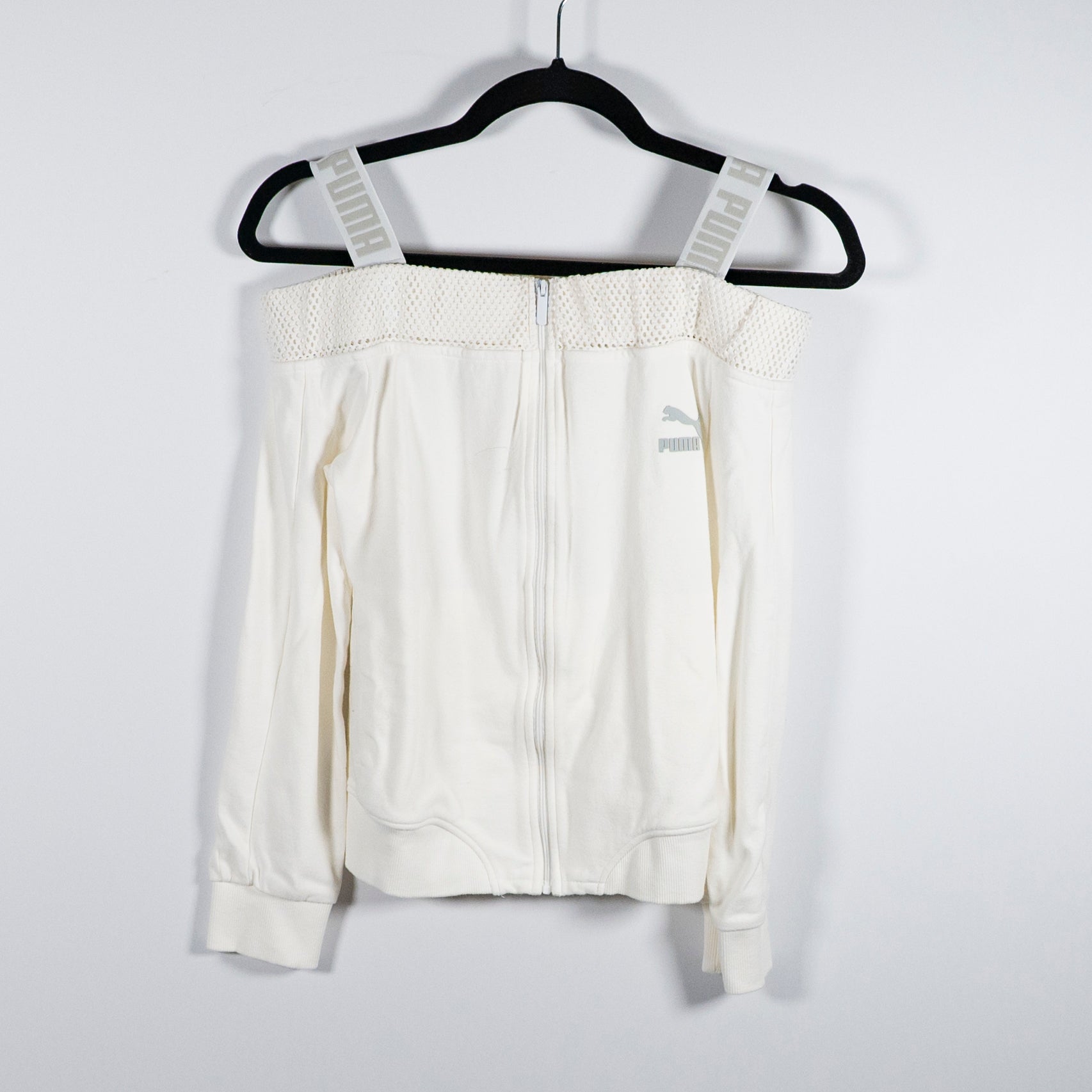 Puma Women's Off The Shoulder Logo Straps Full Zip Athletic Jacket White XS