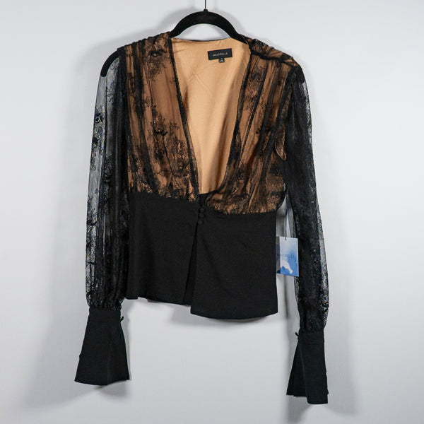 NEW Majorelle Bell Long Sleeve Lace Panel Deep V Neck Blouse Shirt Black Nude