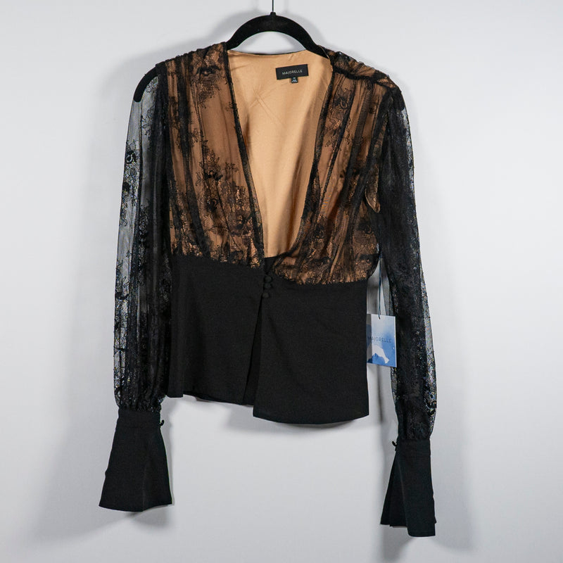 NEW Majorelle Bell Long Sleeve Lace Panel Deep V Neck Blouse Shirt Black Nude