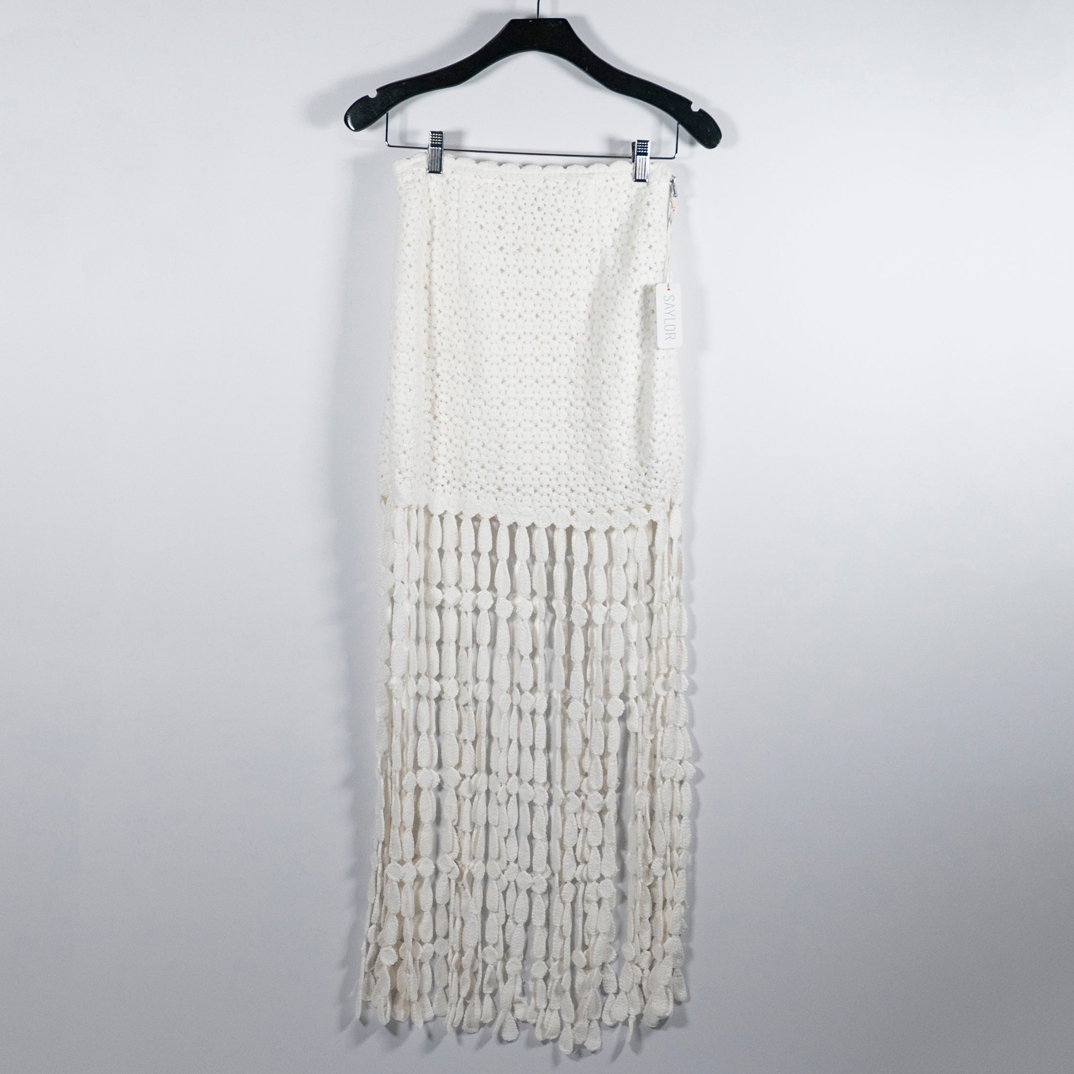 NEW Saylor Elie Cotton Fringe Crochet Knit Midi Skirt White XS