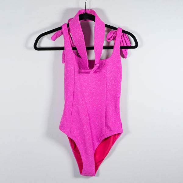 Beach Riot Sydney One Piece Prism Pink Sparkle Glitter Belted Swim Bathing Suit