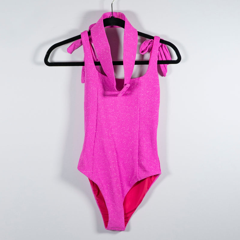 Beach Riot Sydney One Piece Prism Pink Sparkle Glitter Belted Swim Bathing Suit