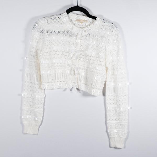 LoveShackFancy Roselline Cotton Crochet Ribbon Cardigan Sweater Daylight White