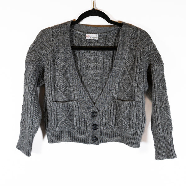 RED Valentino Mohair Cotton Cable Knit Button Front Cardigan Sweater Gray XS