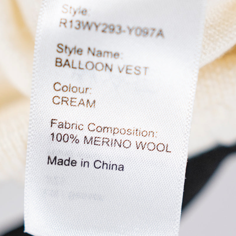 R13 Balloon Merino Wool Knit Stretch Sleeveless Button Front Vest Cardigan Cream