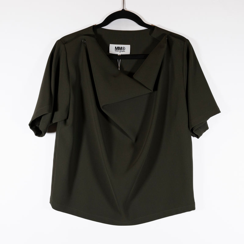 NEW Maison Margiela MM6 Crepe Draped Cowl Neck Short Sleeve Green Blouse Shirt