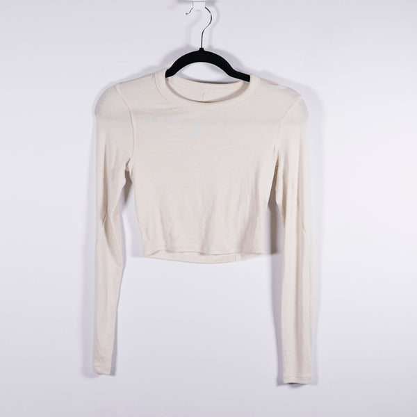 Lululemon Hold Tight Straight Hem Cropped Ribbed Long Sleeve Shirt Top Bone XS