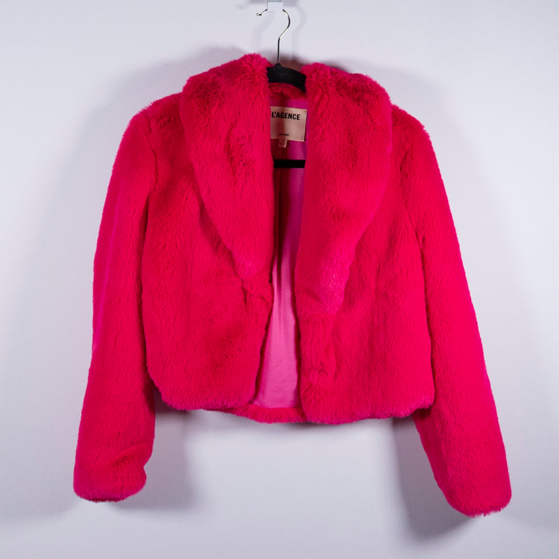L'Agence Davy Crop Faux Vegan Fur Open Front Cropped Jacket Coat Hot Fuchsia 0