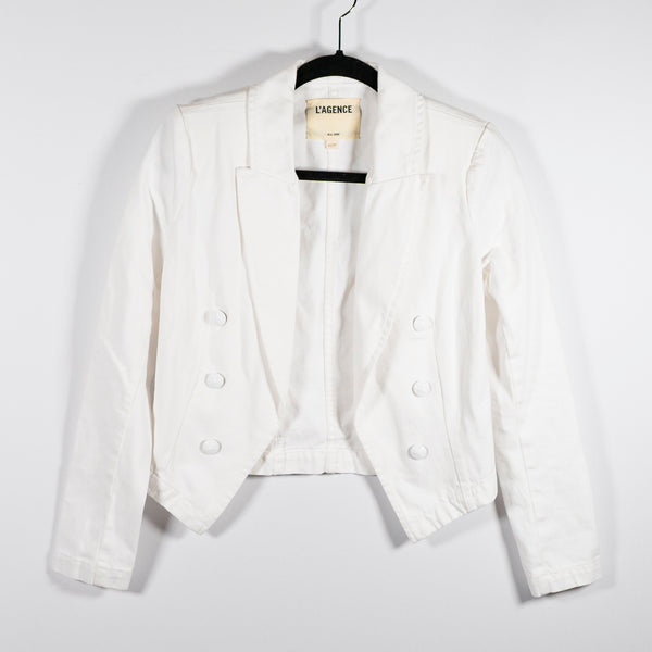 L'Agence Wayne Cotton Open Front Collared Crop Jacket Blazer White XS