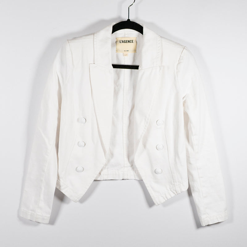 L'Agence Wayne Cotton Open Front Collared Crop Jacket Blazer White XS