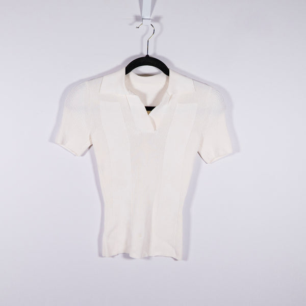 Jacquemus Ribbed Knit Stretch Open Back Collared Short Sleeve Sweater White XS