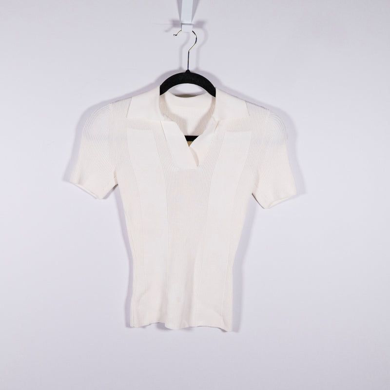 Jacquemus Ribbed Knit Stretch Open Back Collared Short Sleeve Sweater White XS