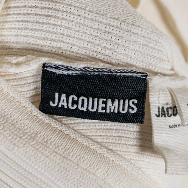 Jacquemus Ribbed Knit Stretch Open Back Collared Short Sleeve Sweater White XS