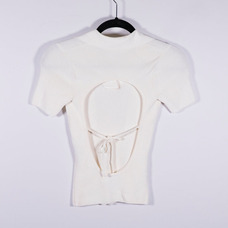 Jacquemus Ribbed Knit Stretch Open Back Collared Short Sleeve Sweater White XS