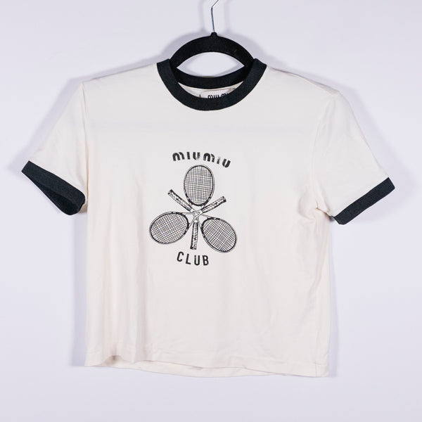 Miu Miu Jersey Knit Stretch Tennis Racquet Pickleball Club Graphic Tee Shirt Top