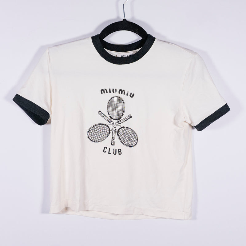 Miu Miu Jersey Knit Stretch Tennis Racquet Pickleball Club Graphic Tee Shirt Top